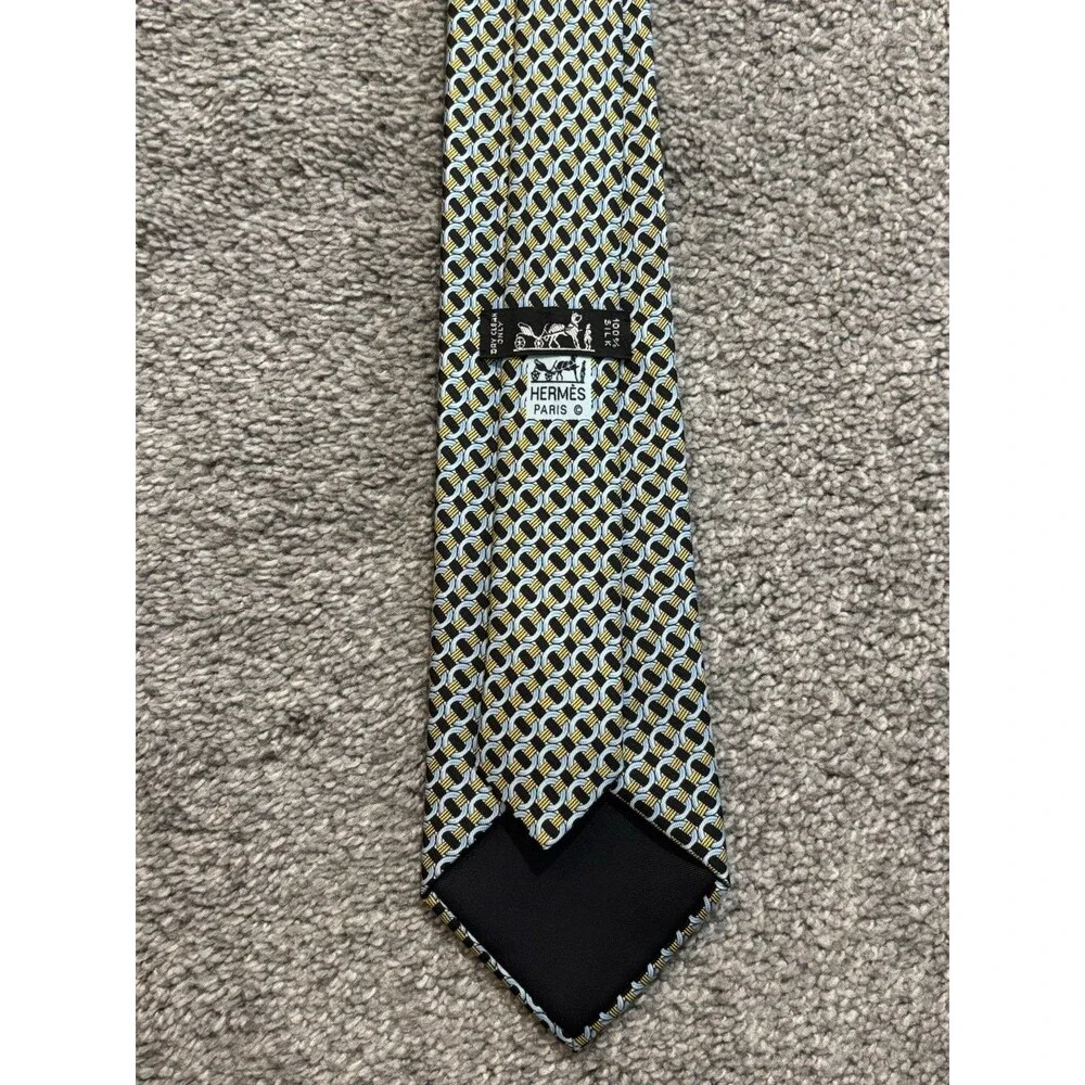Hermes Silk Tie Yellow Blue‎ Geometric Pattern 7760